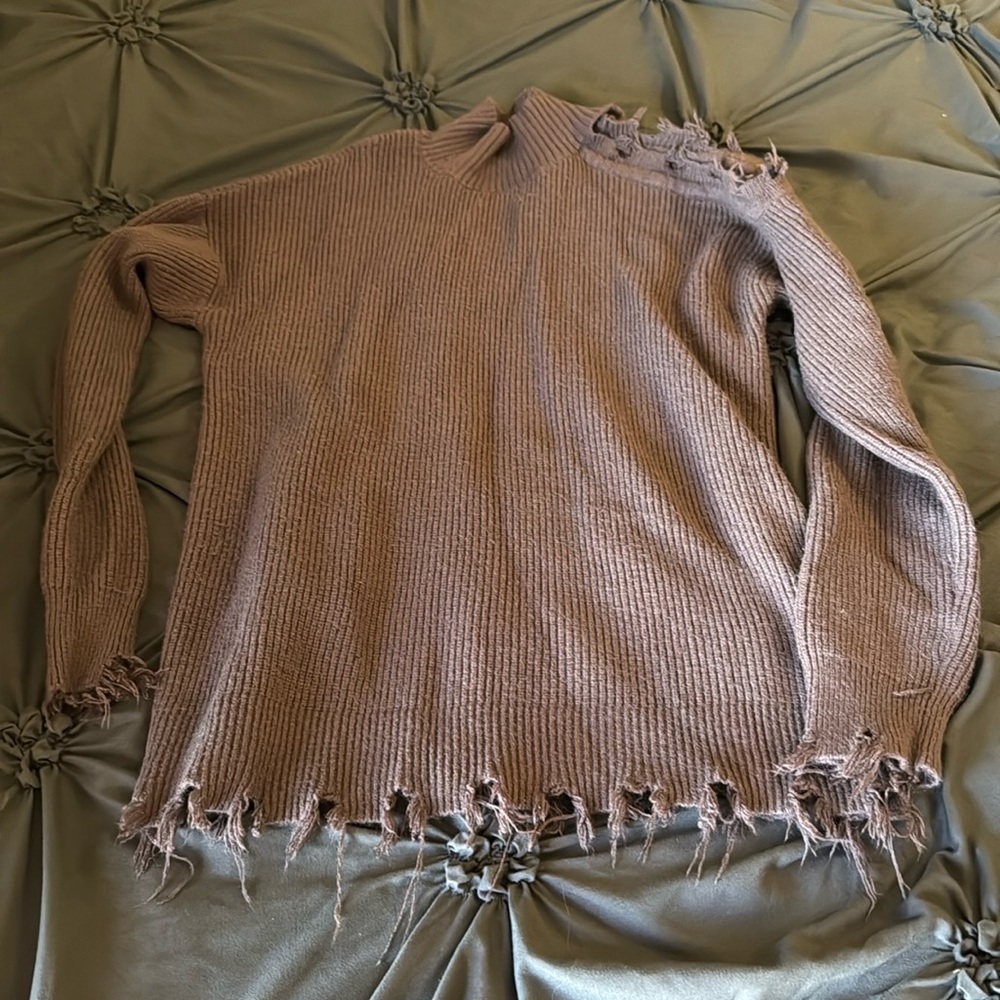 Grey ripped half cold shoulder sweater top